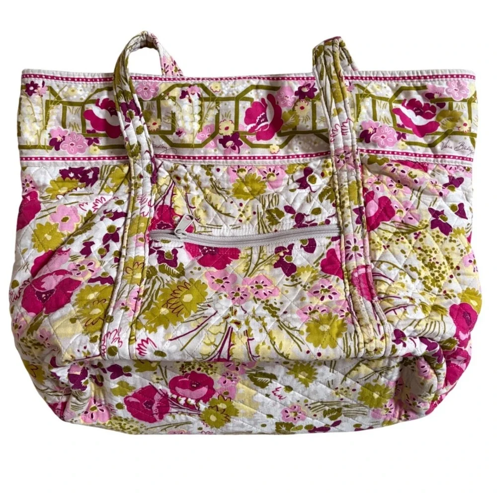 Vera Bradley Folkloric Floral Quilted Cotton Tote Bag Pink Green Large